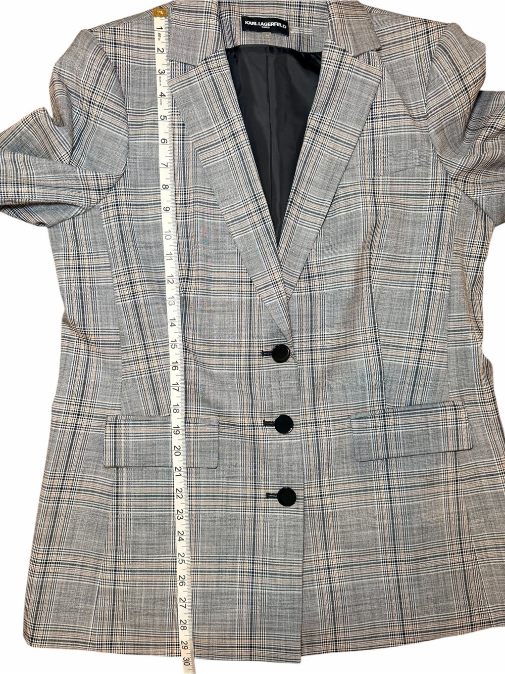 Karl Lagerfeld Paris Plaid Blazer Jacket Almond Multi Notch Collar Sz 14 - Picture 10 of 11